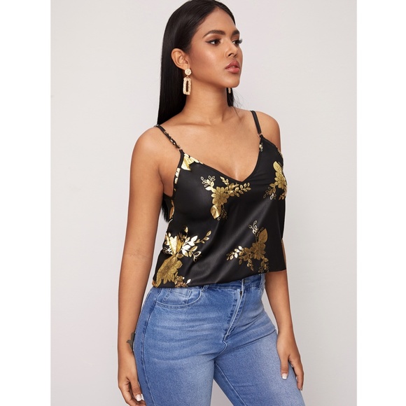 Gold on Black Floral Print Cami Top - Picture 5 of 8